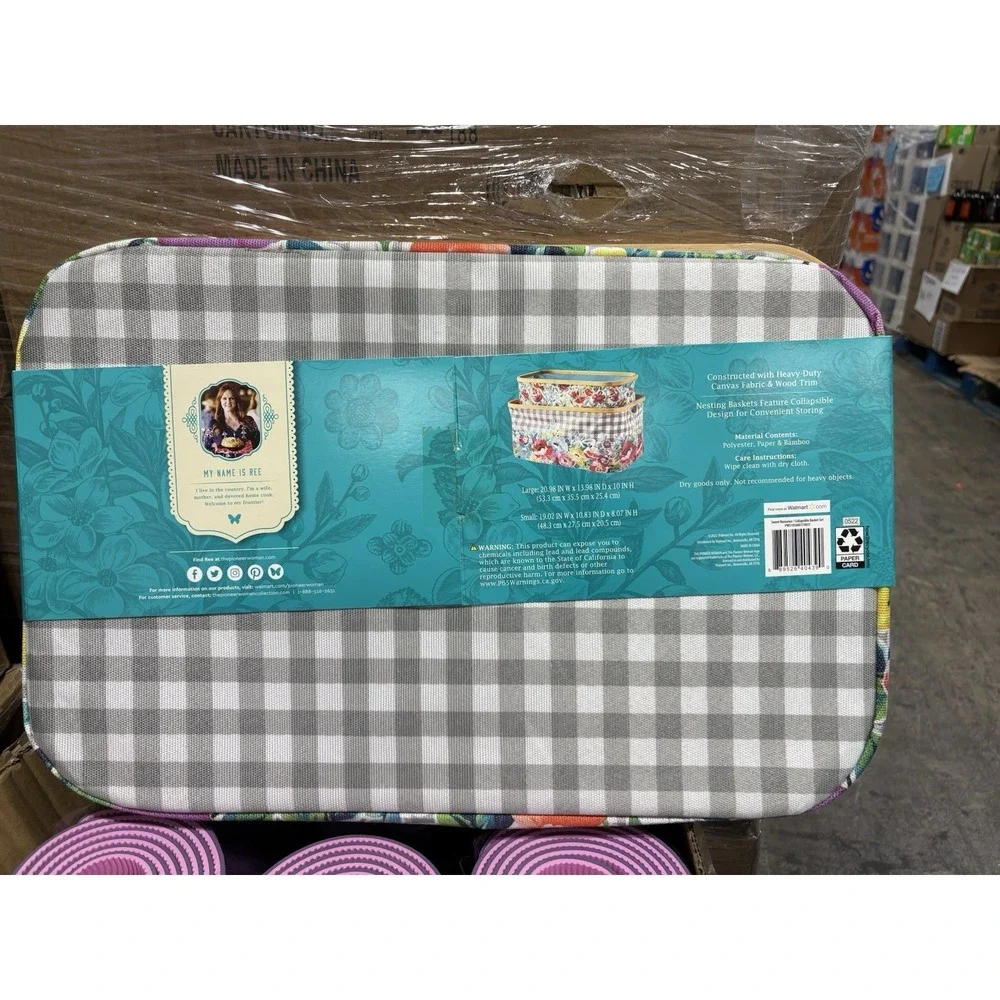 Pioneer Woman Collapsible Basket Set 2-Piece | Floral Gingham Storage Bins